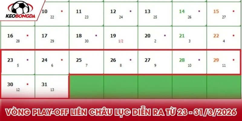 Vòng Play-off liên châu lục diễn ra từ 23 - 31/3/2026